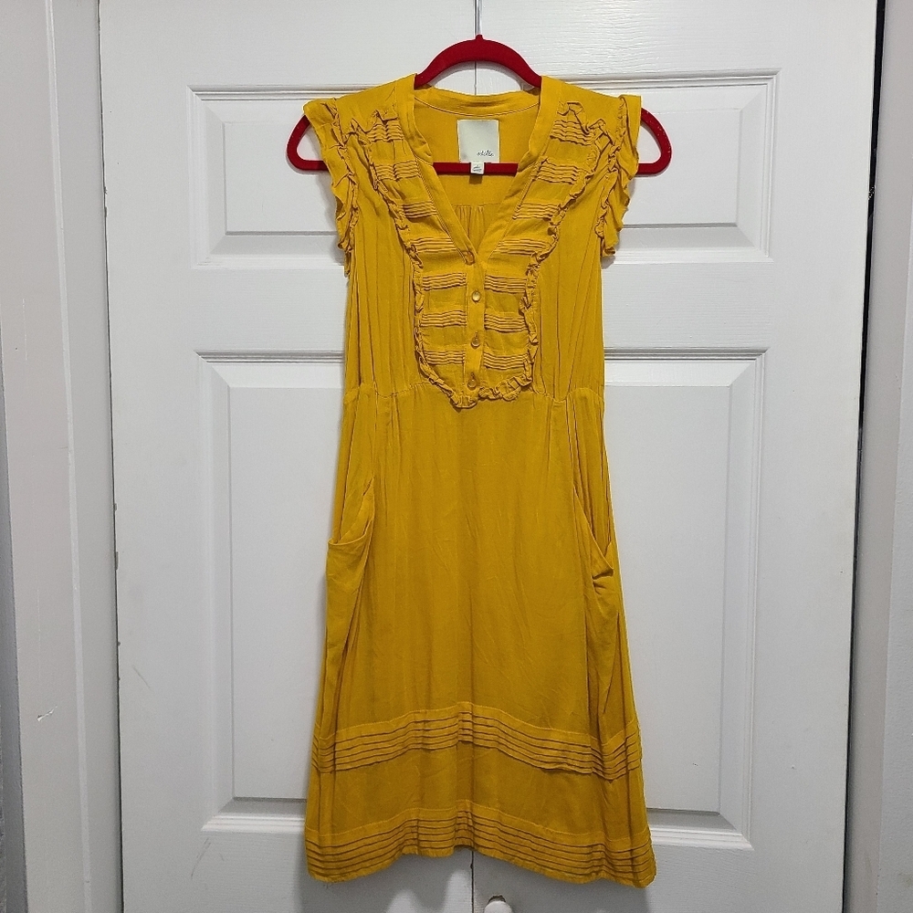Anthropologie Odille Women's Smock Dress Sleeveless Ruffle Yellow Amber Size 4